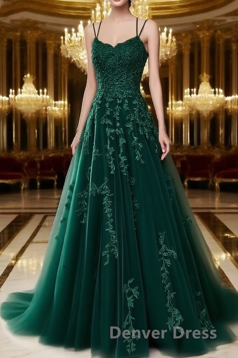 A Line Spaghetti Straps Lace Forest Green Prom Dresses Long With Appliques Pretty Dresses Main image