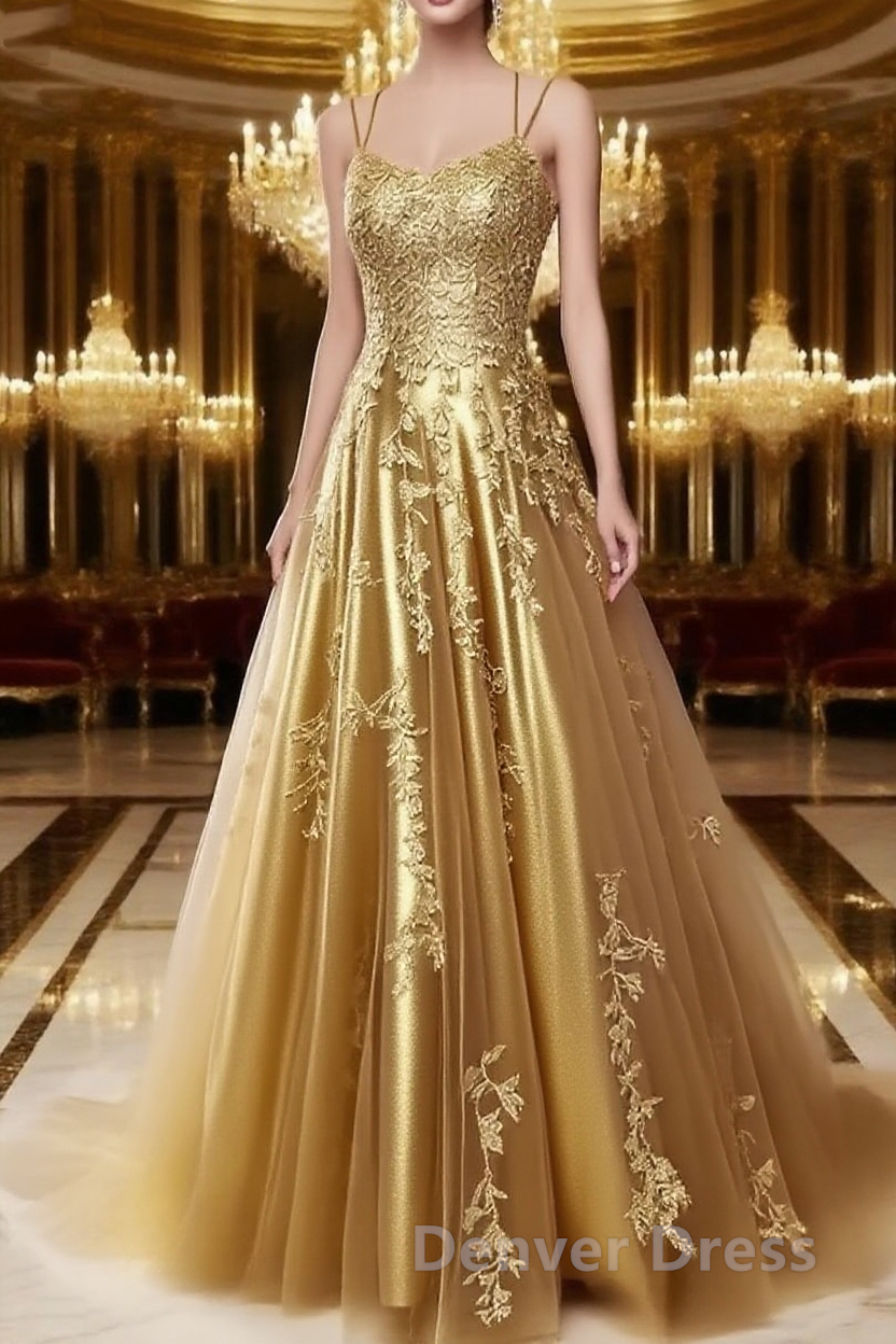 A Line Spaghetti Straps Lace Gold Prom Dresses Long With Appliques Pretty Dresses