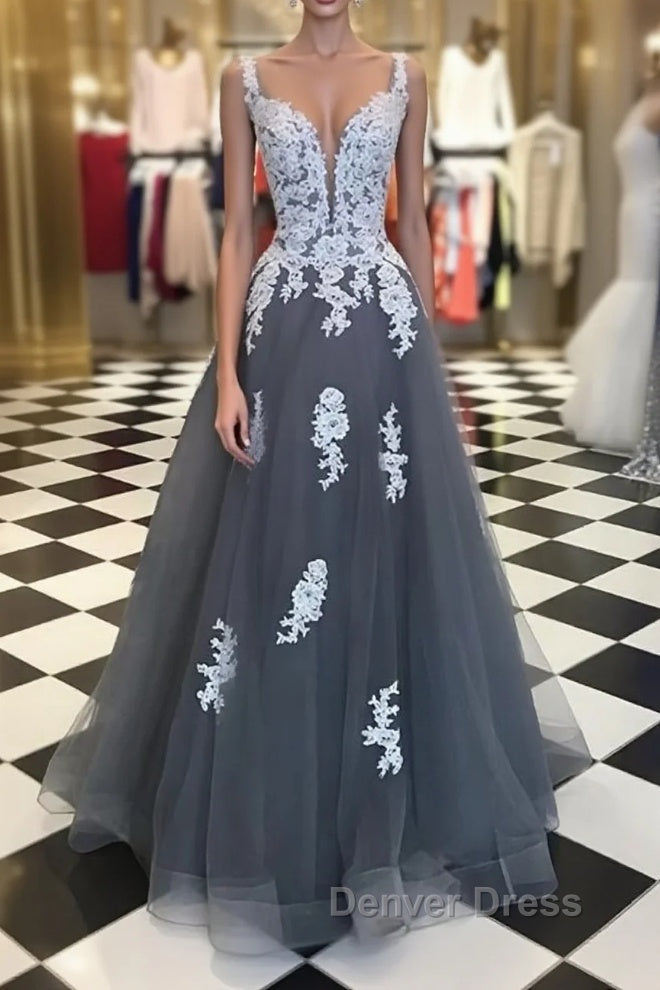 A Line Spaghetti Straps Lace Grey Tulle Long Prom Dress, Grey Prom Bridesmaid Dress, Prom Dresses