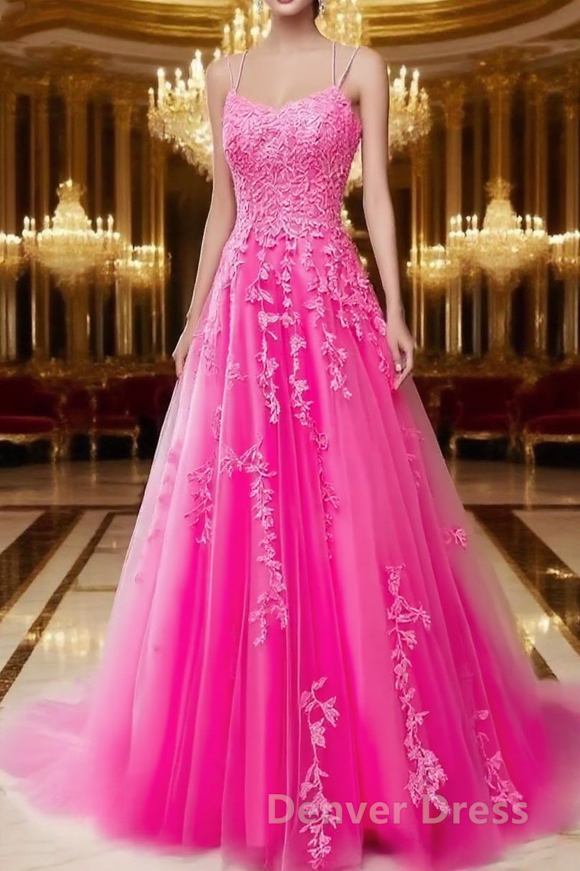 A Line Spaghetti Straps Lace Hot Pink Prom Dresses Long With Appliques Pretty Dresses Main image
