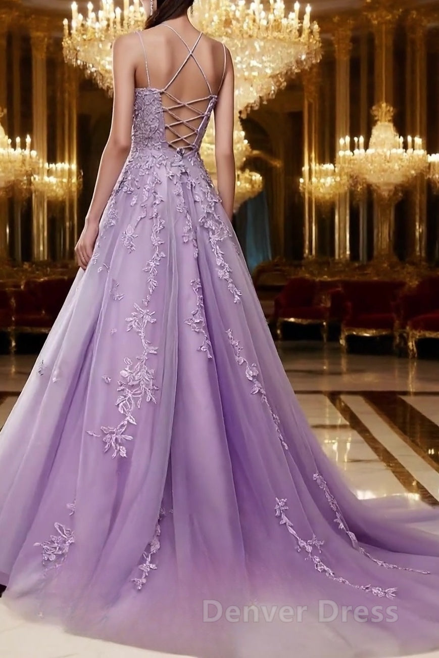A-Line Spaghetti Straps Lace Lavender Prom Dress Long With Appliques Pretty Dresses