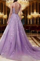 A-Line Spaghetti Straps Lace Lavender Prom Dresses Long With Appliques Pretty Dresses