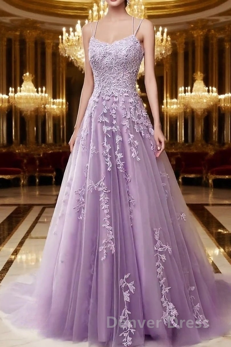 A-Line Spaghetti Straps Lace Lavender Prom Dress Long With Appliques Pretty Dresses