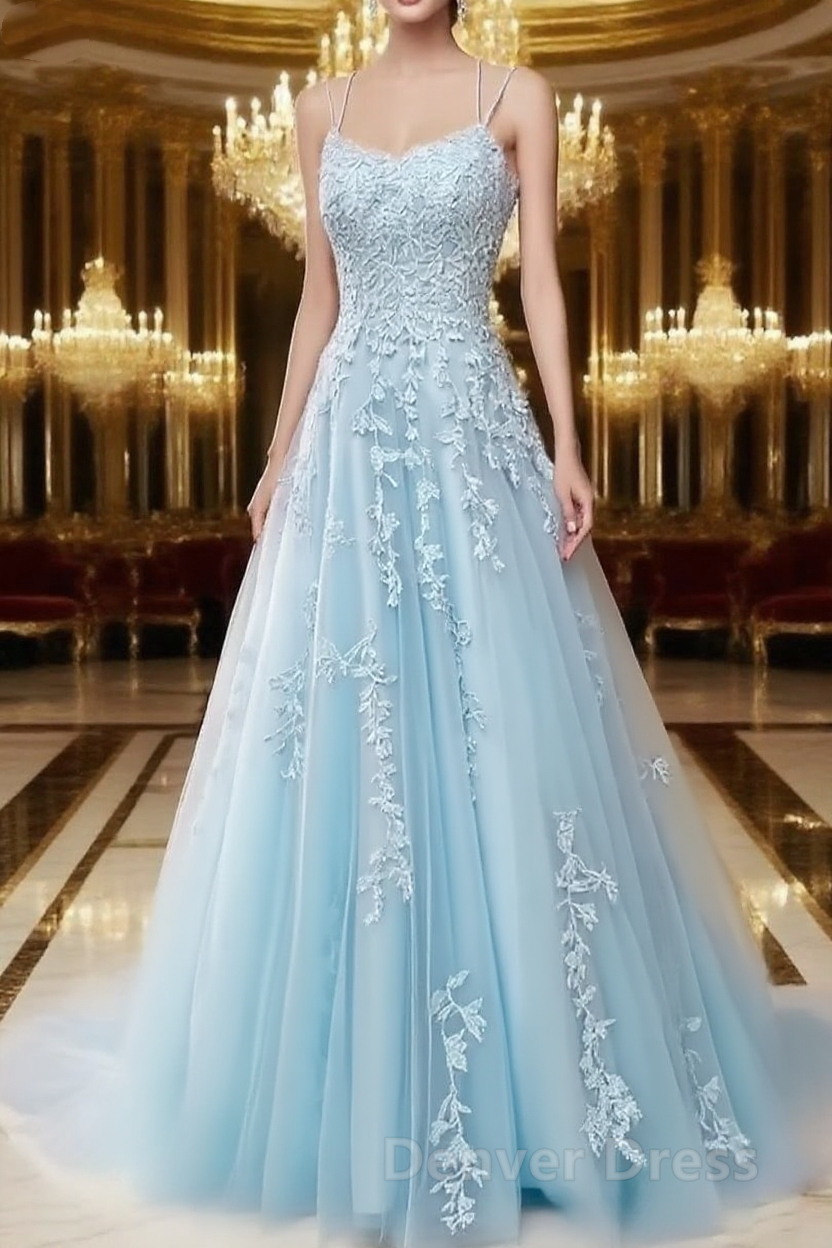 A Line Spaghetti Straps Lace Light Blue Prom Dresses Long With Appliques Pretty Dresses Main image