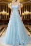 A Line Spaghetti Straps Lace Light Blue Prom Dresses Long With Appliques Pretty Dresses