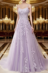 A Line Spaghetti Straps Lace Lilac Prom Dresses Long With Appliques Pretty Dresses