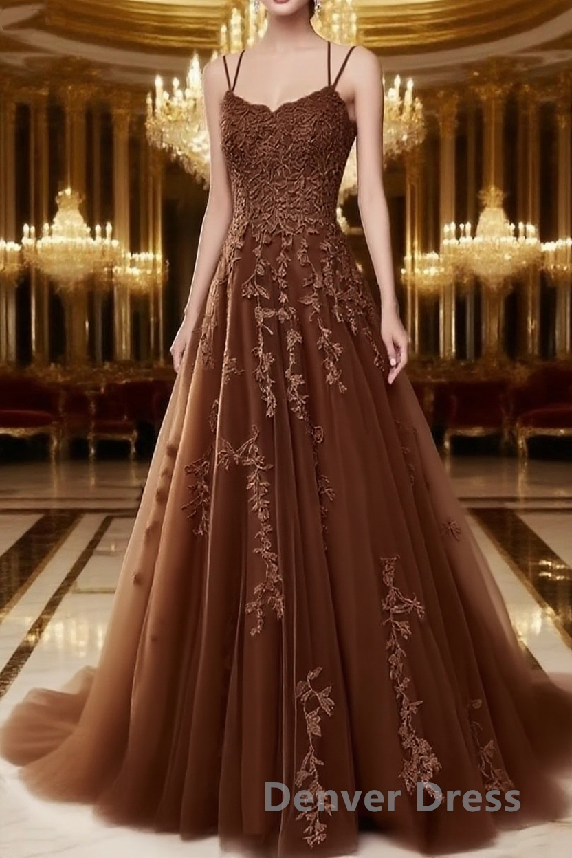 A Line Spaghetti Straps Lace Maroon Prom Dresses Long With Appliques Pretty Dresses