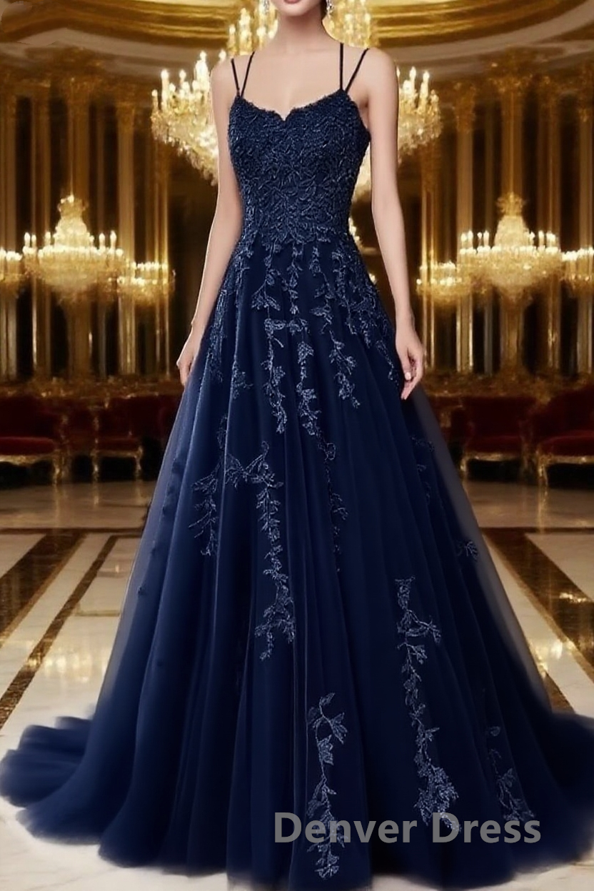 A Line Spaghetti Straps Lace Navy Blue Prom Dresses Long With Appliques Pretty Dresses Main image