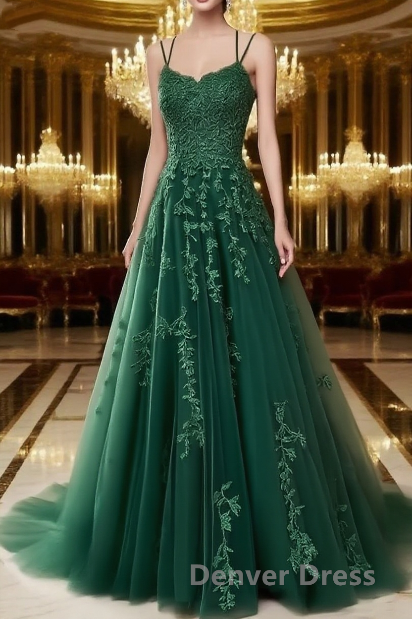 A Line Spaghetti Straps Lace Olive Green Prom Dresses Long With Appliques Pretty Dresses