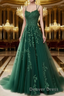 A Line Spaghetti Straps Lace Olive Green Prom Dresses Long With Appliques Pretty Dresses