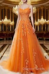 A Line Spaghetti Straps Lace Orange Prom Dresses Long With Appliques Pretty Dresses