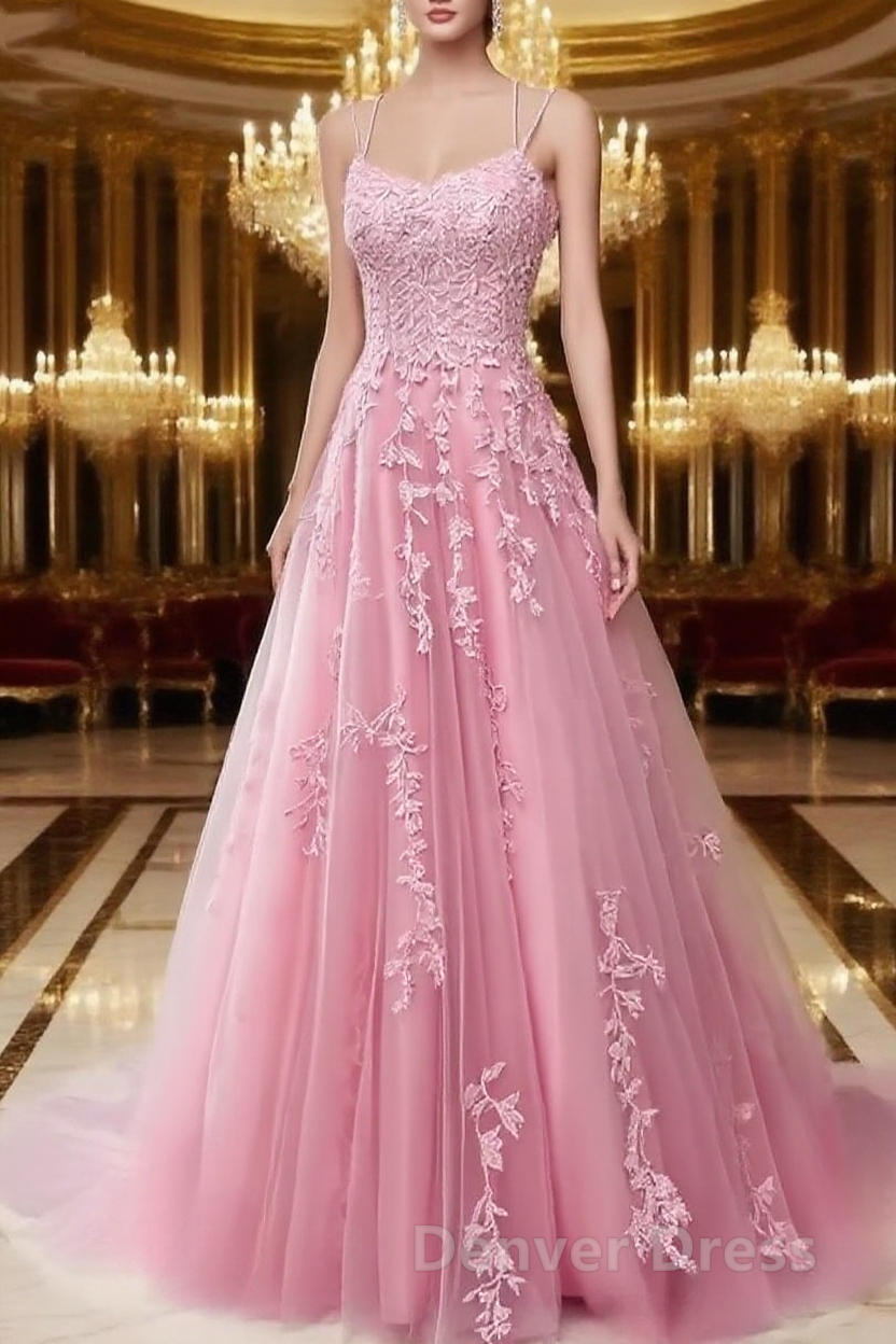 A Line Spaghetti Straps Lace Pink Prom Dresses Long With Appliques Pretty Dresses
