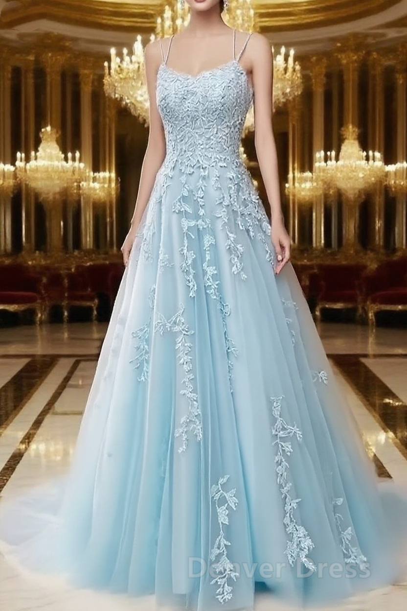 A Line Spaghetti Straps Lace Powder Blue Prom Dresses Long With Appliques Pretty Dresses