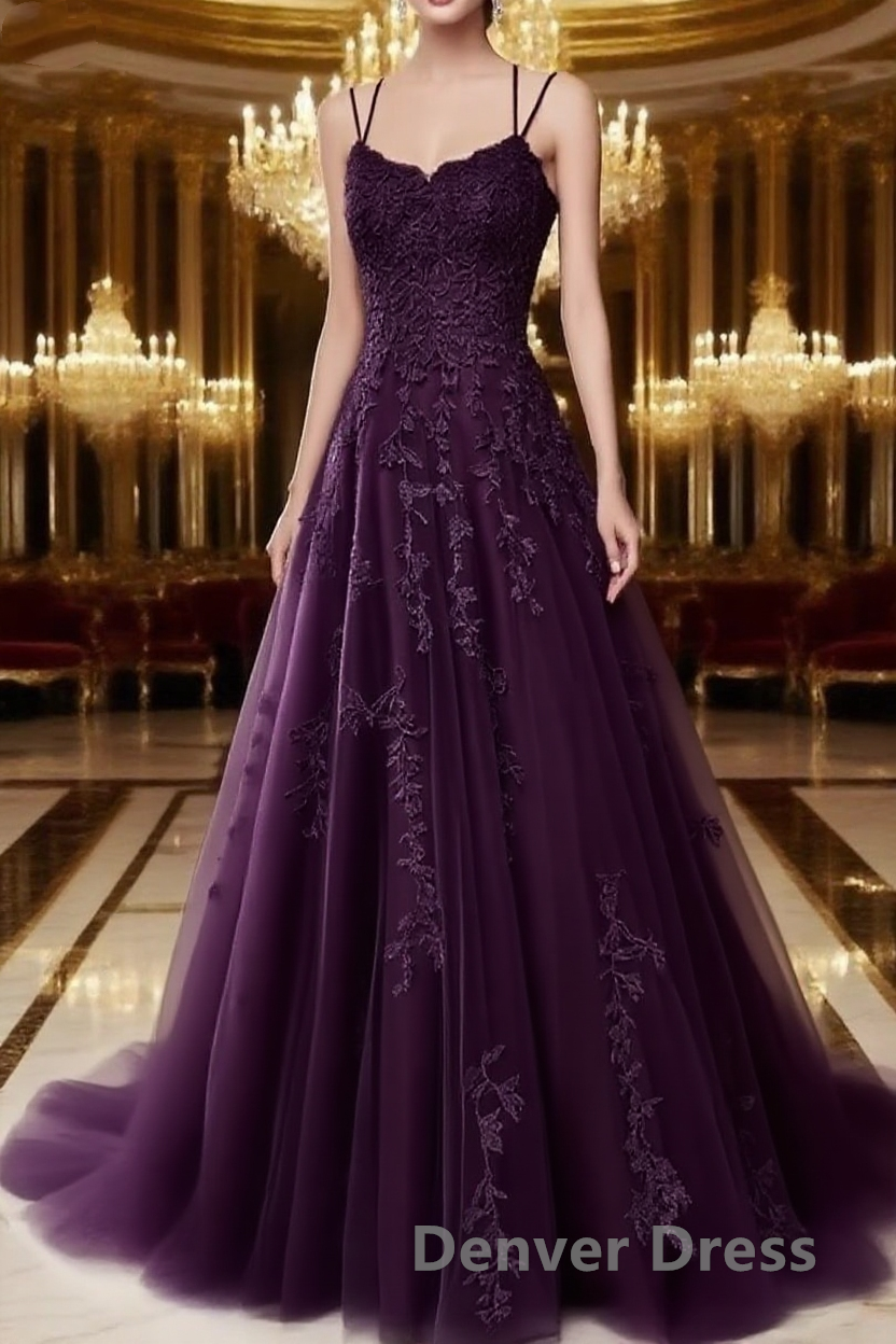 A Line Spaghetti Straps Lace Purple Prom Dress Long With Appliques Pretty Dresses
