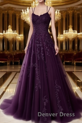 A Line Spaghetti Straps Lace Purple Prom Dresses Long With Appliques Pretty Dresses
