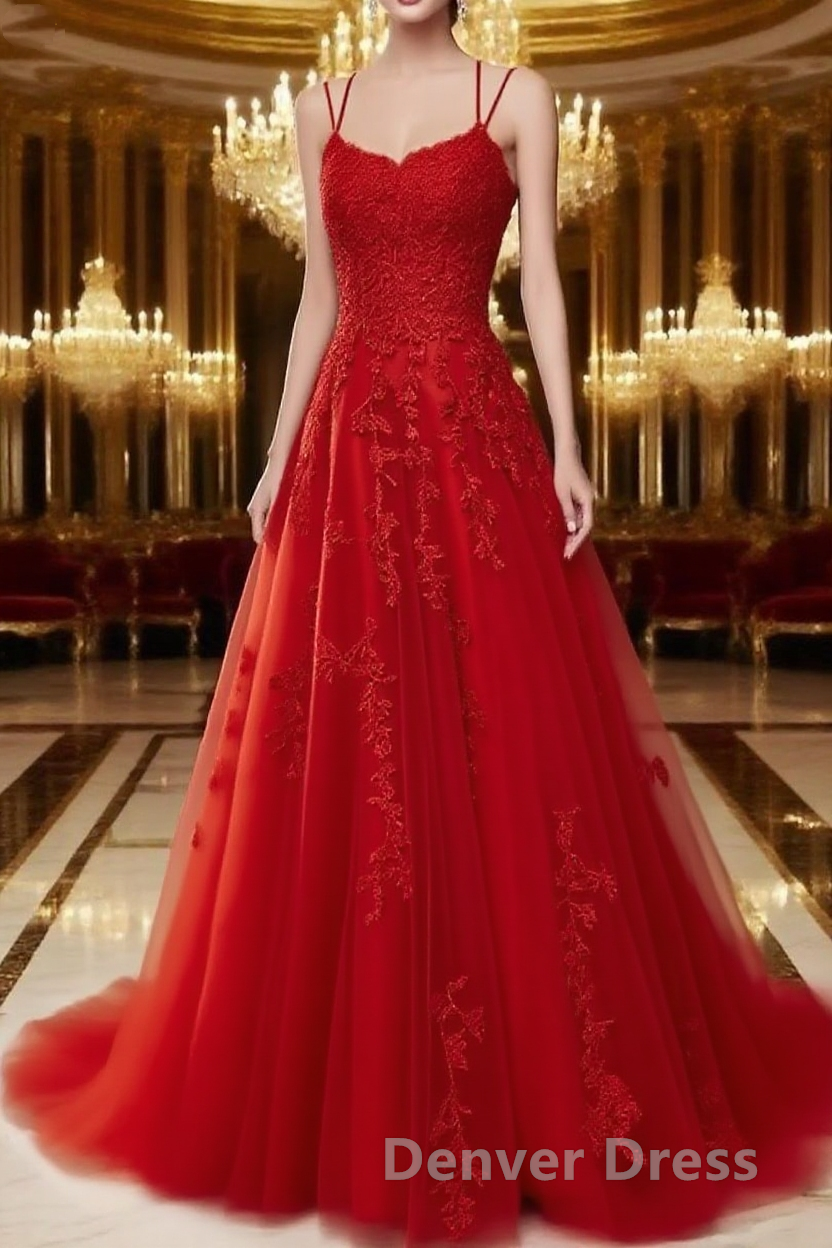 A Line Spaghetti Straps Lace Red Prom Dresses Long With Appliques Pretty Dresses Main image