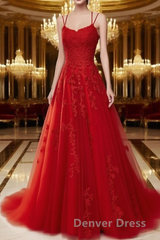 A Line Spaghetti Straps Lace Red Prom Dresses Long With Appliques Pretty Dresses
