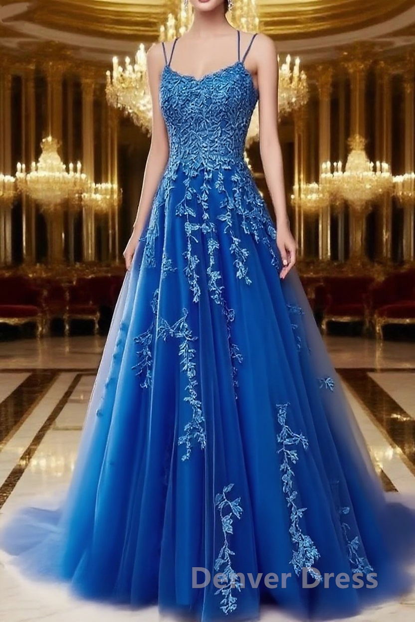 A Line Spaghetti Straps Lace Royal Blue Prom Dress Long With Appliques Pretty Dresses