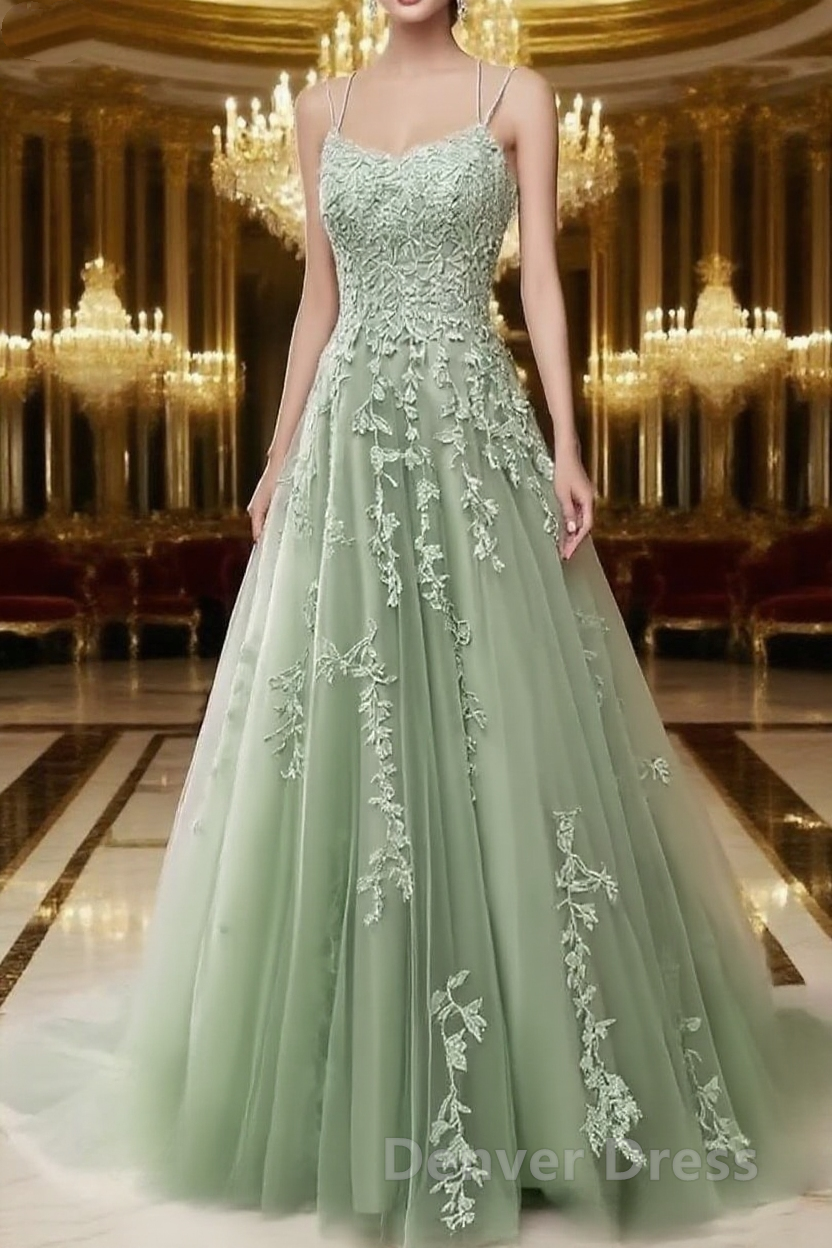 A Line Spaghetti Straps Lace Sage Green Prom Dresses Long With Appliques Pretty Dresses Main image