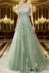 A Line Spaghetti Straps Lace Sage Green Prom Dresses Long With Appliques Pretty Dresses