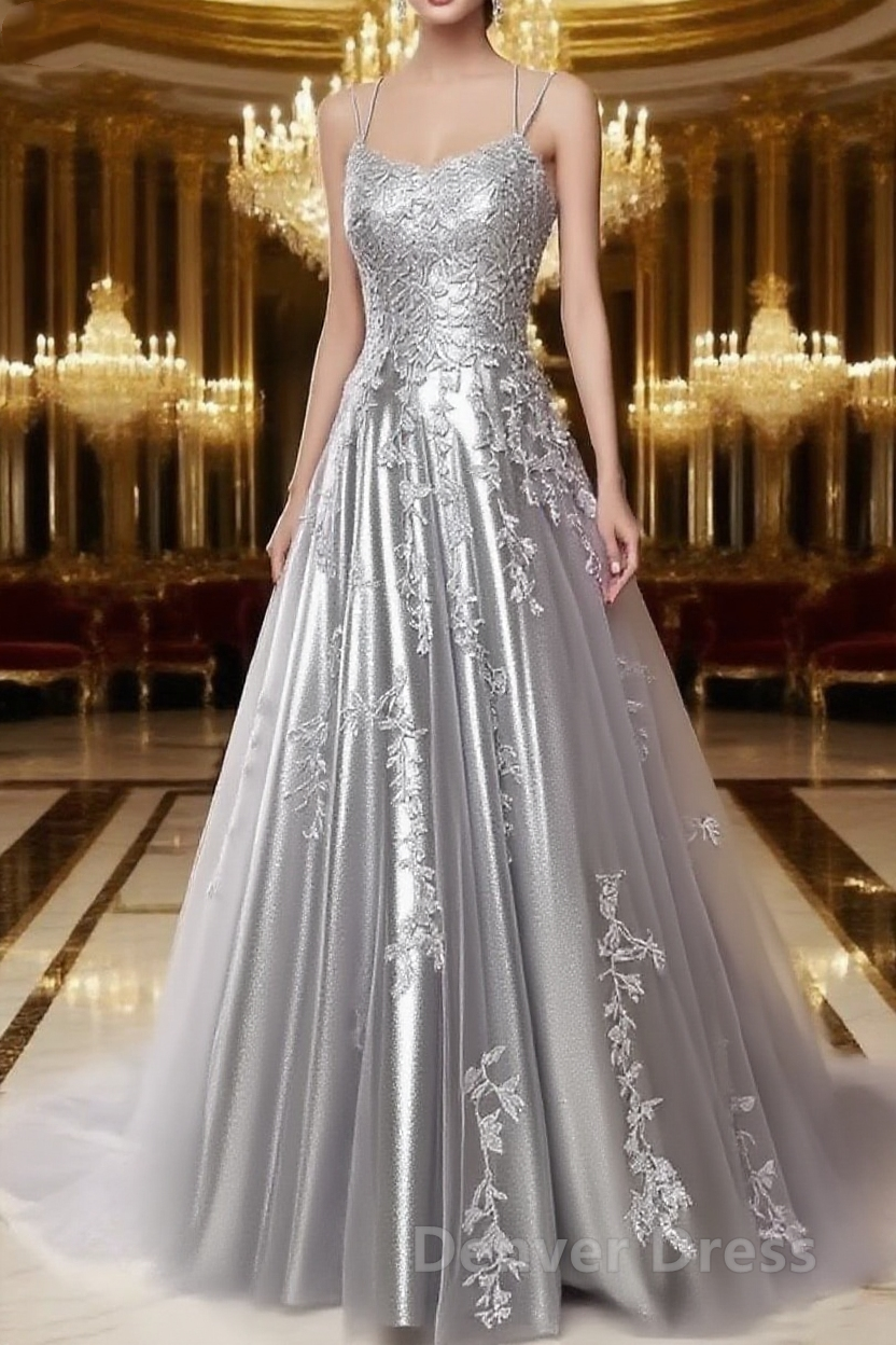 A Line Spaghetti Straps Lace Silver Prom Dress Long With Appliques Pretty Dresses