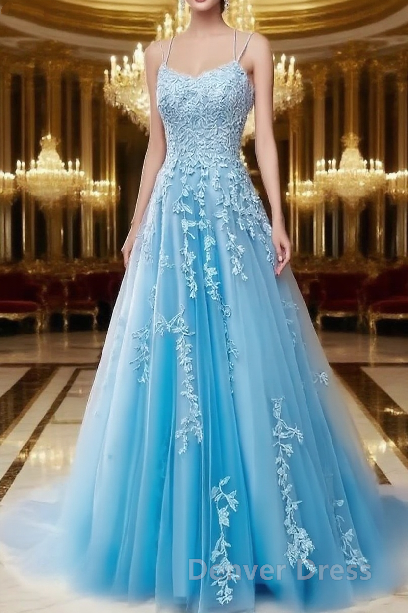 A Line Spaghetti Straps Lace Sky Blue Prom Dresses Long With Appliques Pretty Dresses Main image
