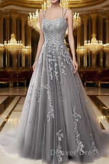 A Line Spaghetti Straps Lace Steel Grey Prom Dresses Long With Appliques Pretty Dresses