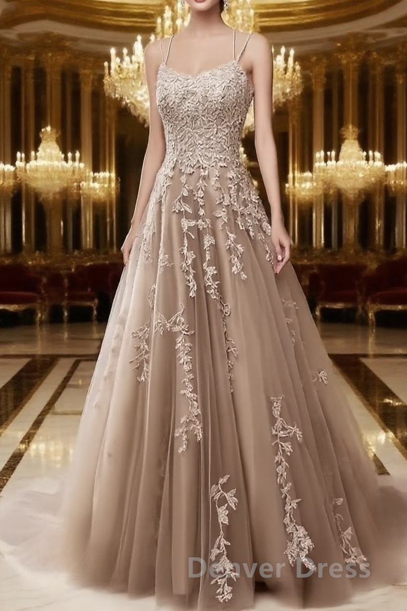 A Line Spaghetti Straps Lace Taupe Prom Dress Long With Appliques Pretty Dresses