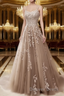 A Line Spaghetti Straps Lace Taupe Prom Dress Long With Appliques Pretty Dresses
