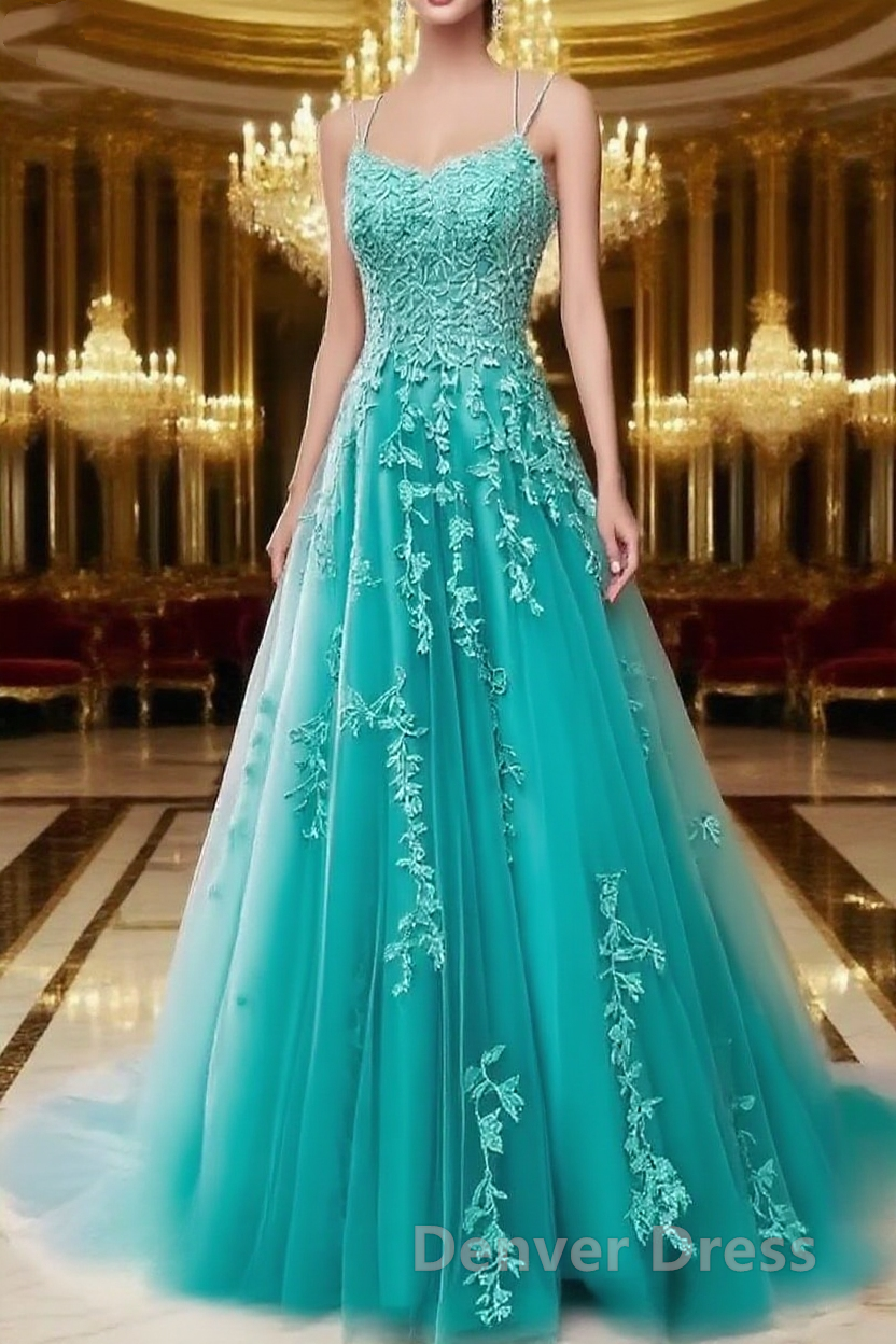A Line Spaghetti Straps Lace Teal Prom Dresses Long With Appliques Pretty Dresses Main image