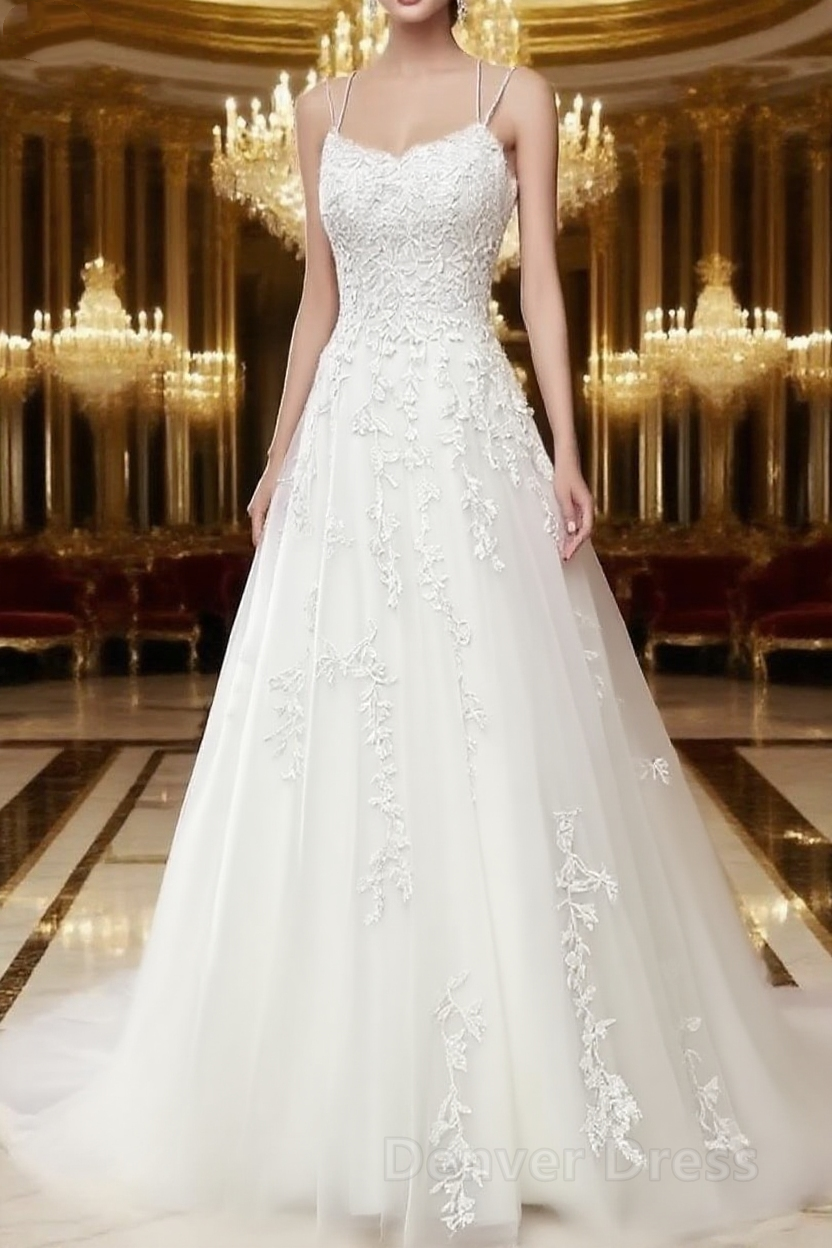 A Line Spaghetti Straps Lace White Wedding Dresses Long With Appliques Pretty Dresses
