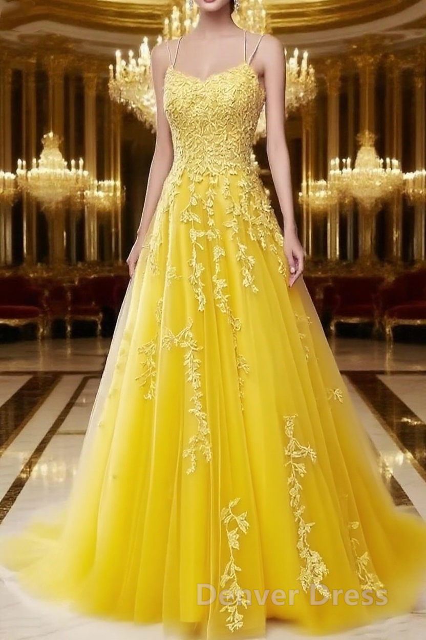 A Line Spaghetti Straps Lace Yellow Prom Dress Long With Appliques Pretty Dresses