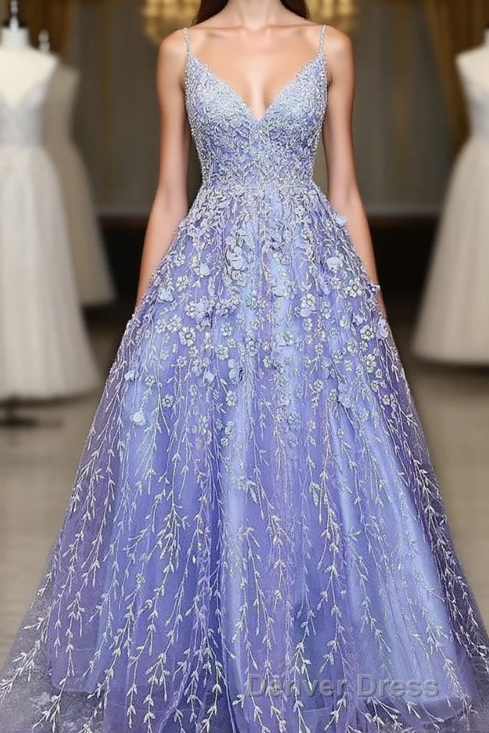 Lavender Spaghetti Straps Lace Floral A Line Prom Gown Long Prom Dresses Main image