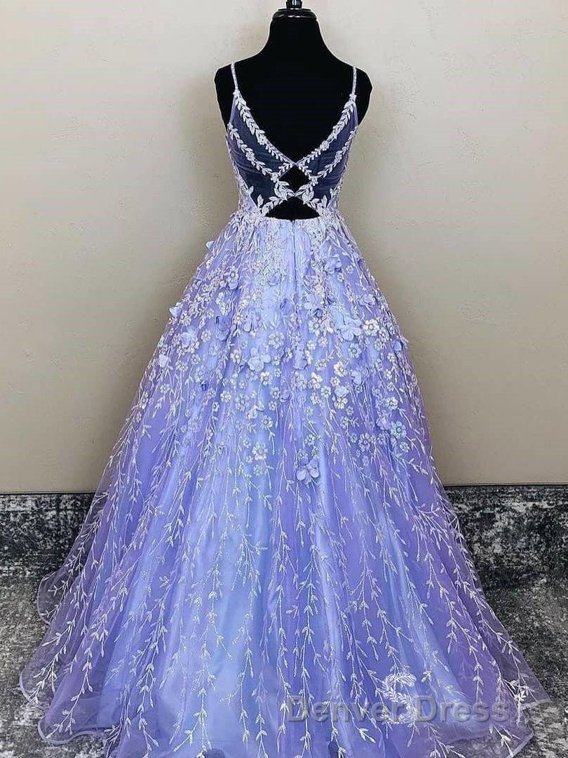 Lavender Spaghetti Straps Lace Floral A Line Prom Gown Long Prom Dresses Secondary image