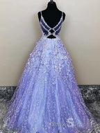 Lavender Spaghetti Straps Lace Floral A Line Prom Gown Long Prom Dresses