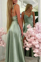 a line spaghetti straps light green long prom dress with silt