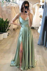 a line spaghetti straps light green long prom dress with silt