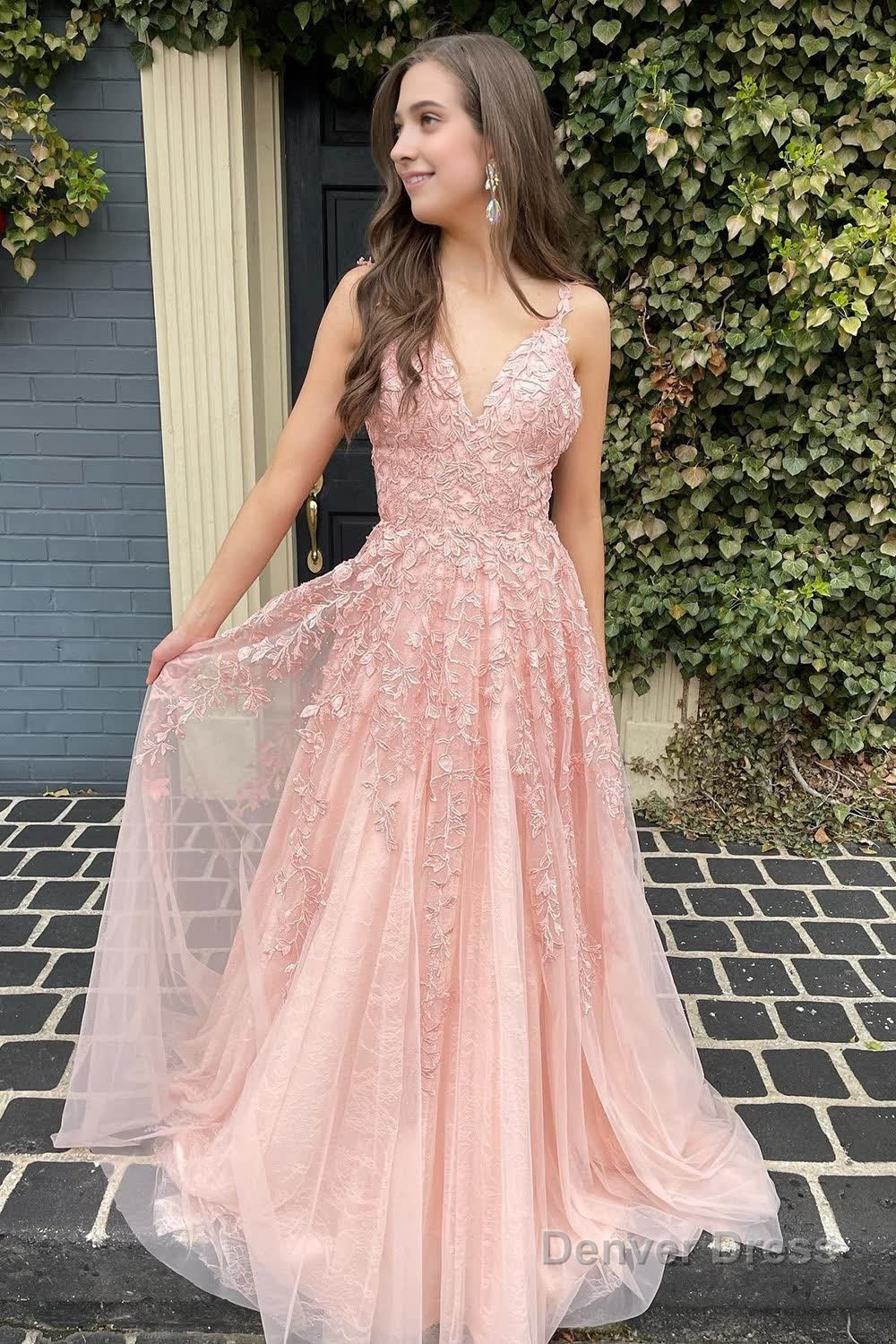 A Line Spaghetti Straps Light Pink Long Prom Dresses with Appliques Main image
