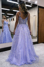 A Line Spaghetti Straps Lilac Corset Prom Dresses with Appliques