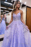 A Line Spaghetti Straps Lilac Corset Prom Dresses with Appliques