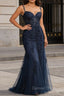 A Line Spaghetti Straps Navy Blue Prom Dresses with Appliques