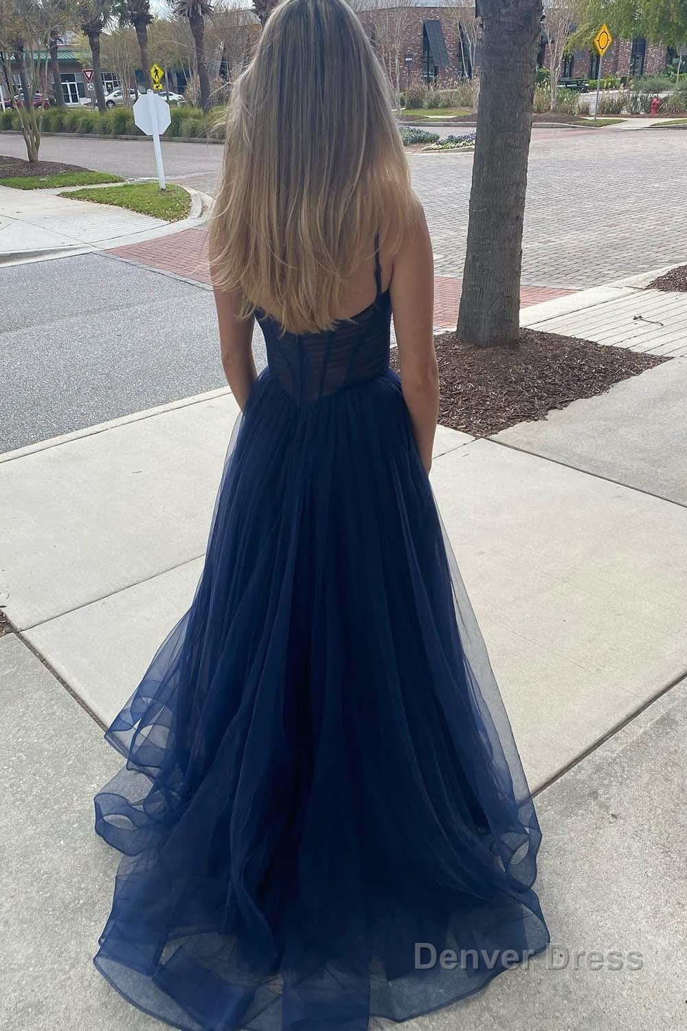 A Line Spaghetti Straps Navy Long Prom Dresses Secondary image