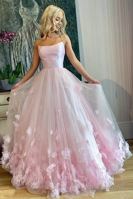 A Line Spaghetti Straps Pink Tulle Prom Dresses