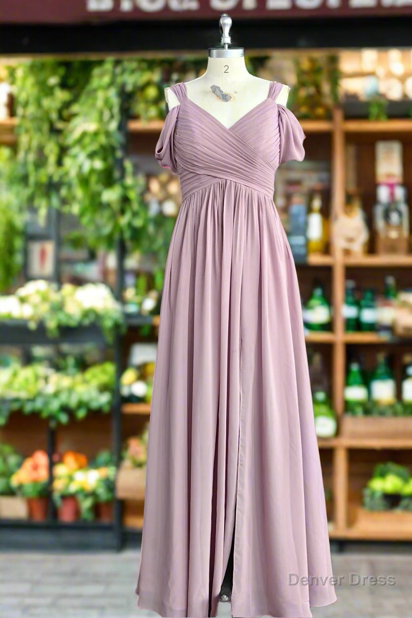 A Line Spaghetti Straps Pleated Chiffon Vintage Mauve Bridesmaid Dresses with Slit