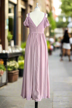 A Line Spaghetti Straps Pleated Chiffon Vintage Mauve Bridesmaid Dresses with Slit