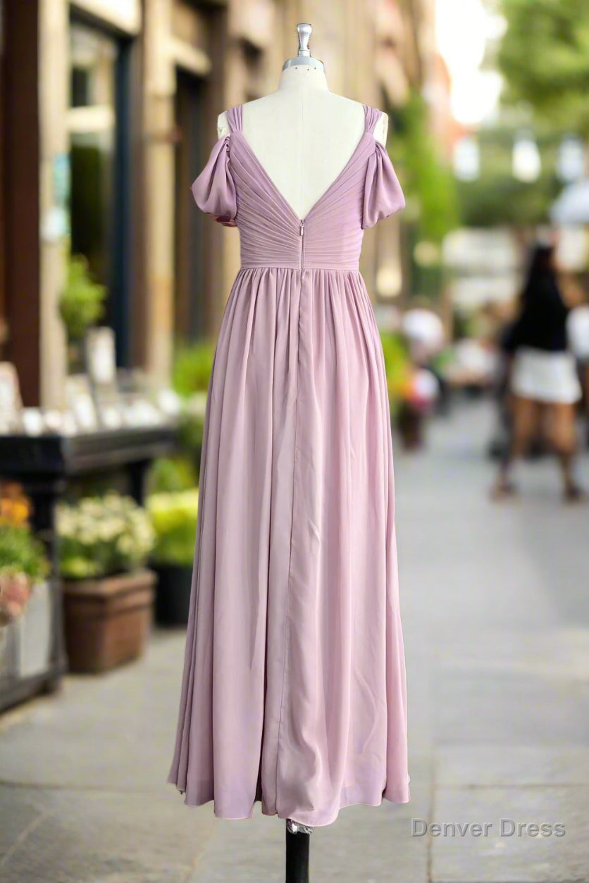 A Line Spaghetti Straps Pleated Chiffon Vintage Mauve Bridesmaid Dresses with Slit
