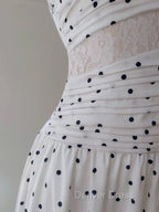 A Line Spaghetti Straps Polka Dots Lace Chiffon Prom Dresses Formal Dresses