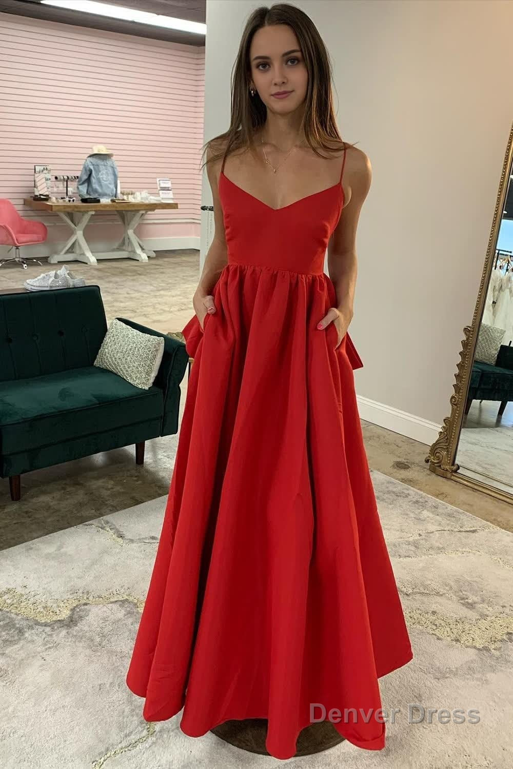 A Line Spaghetti Straps Red Long Prom Dresses with Pockets Main image