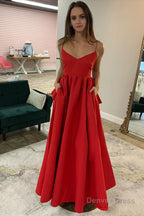 A Line Spaghetti Straps Red Long Prom Dresses with Pockets