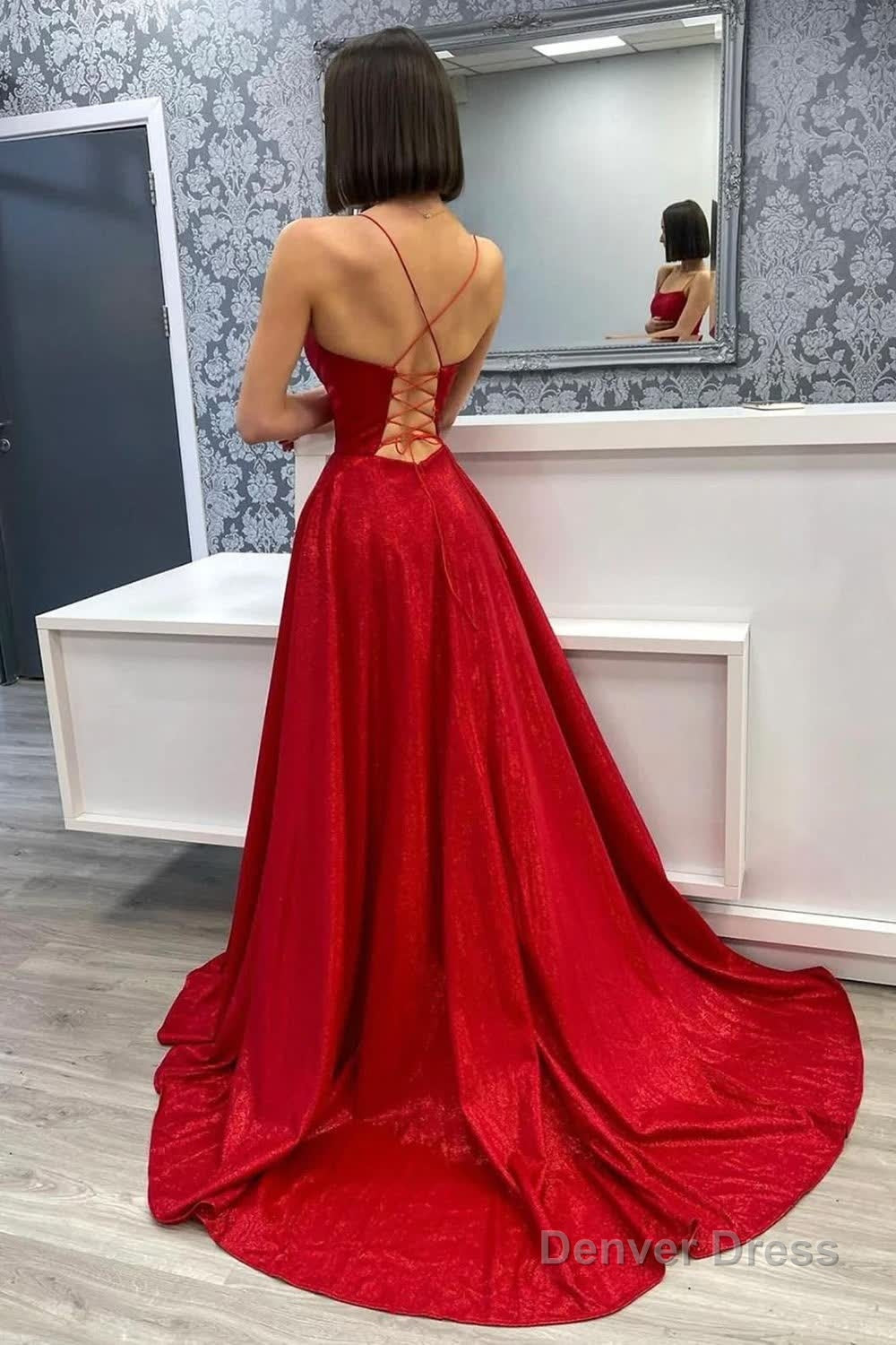 A Line Spaghetti Straps Red Long Prom Dress with Split Front Secondary image